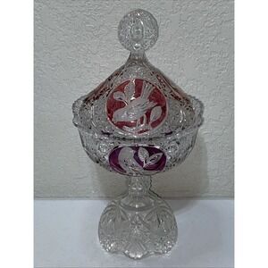 VTG HOFBAUER Byrdes Lidded Jar Candy Dish Compote Ruby Birds Leaded Cut Crystal